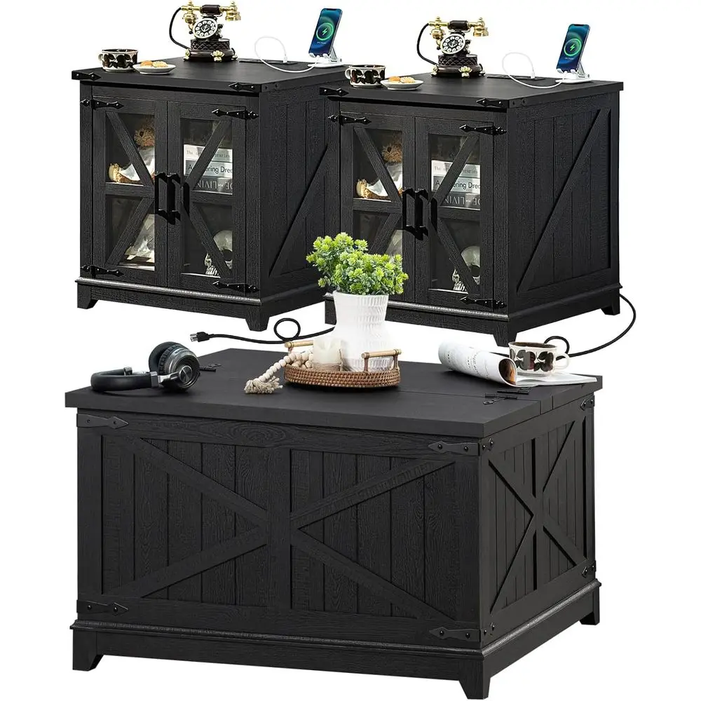 armhouse Coee Table Sets 3 Pieces, Large End Side Tables with Charging Station and Coee Table with Hidden Storage Comparent, Bla
