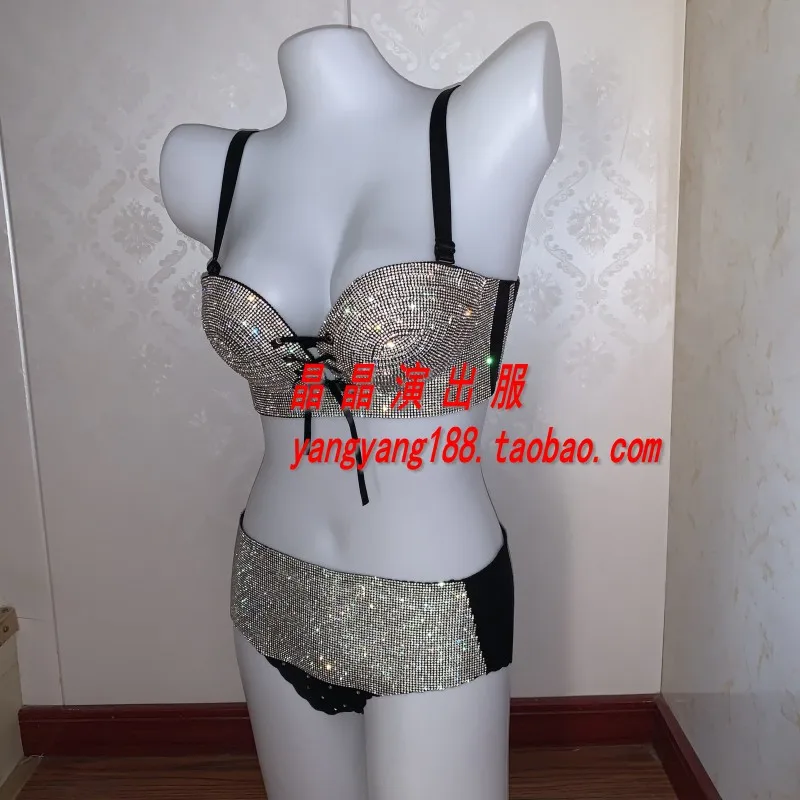 Aangepaste dikke bikini sprankelende diamant podium bh set ondergoed paaldansvoorstelling zwart goud rood roze