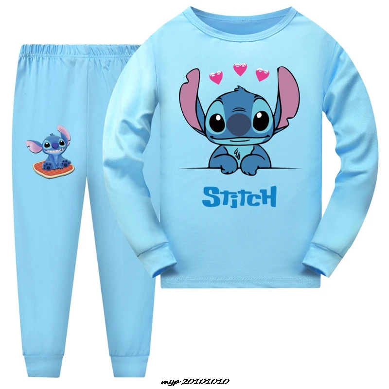 طقم بيجامة بأكمام طويلة ليلو للبنات وغرزة ، ملابس الربيع ، تي شيرت قطبة للأطفال ، بنطلون رياضي ، 2 طقم نوم