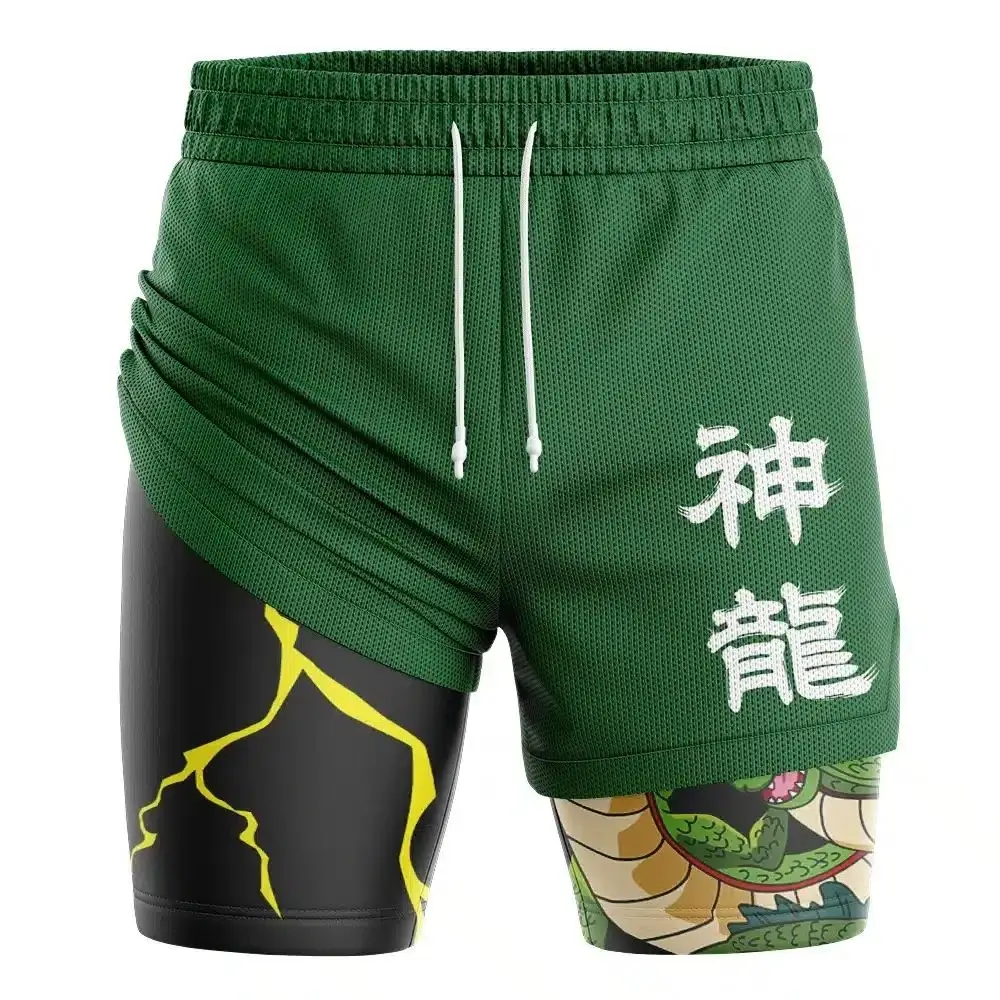 Shorts de Ginástica Masculinos Oversized 2 em 1 com Camada Dupla Dragon Ball Z Shenron Verão 2026 - Estilo Retrô Streetwear Unissex para Fitness