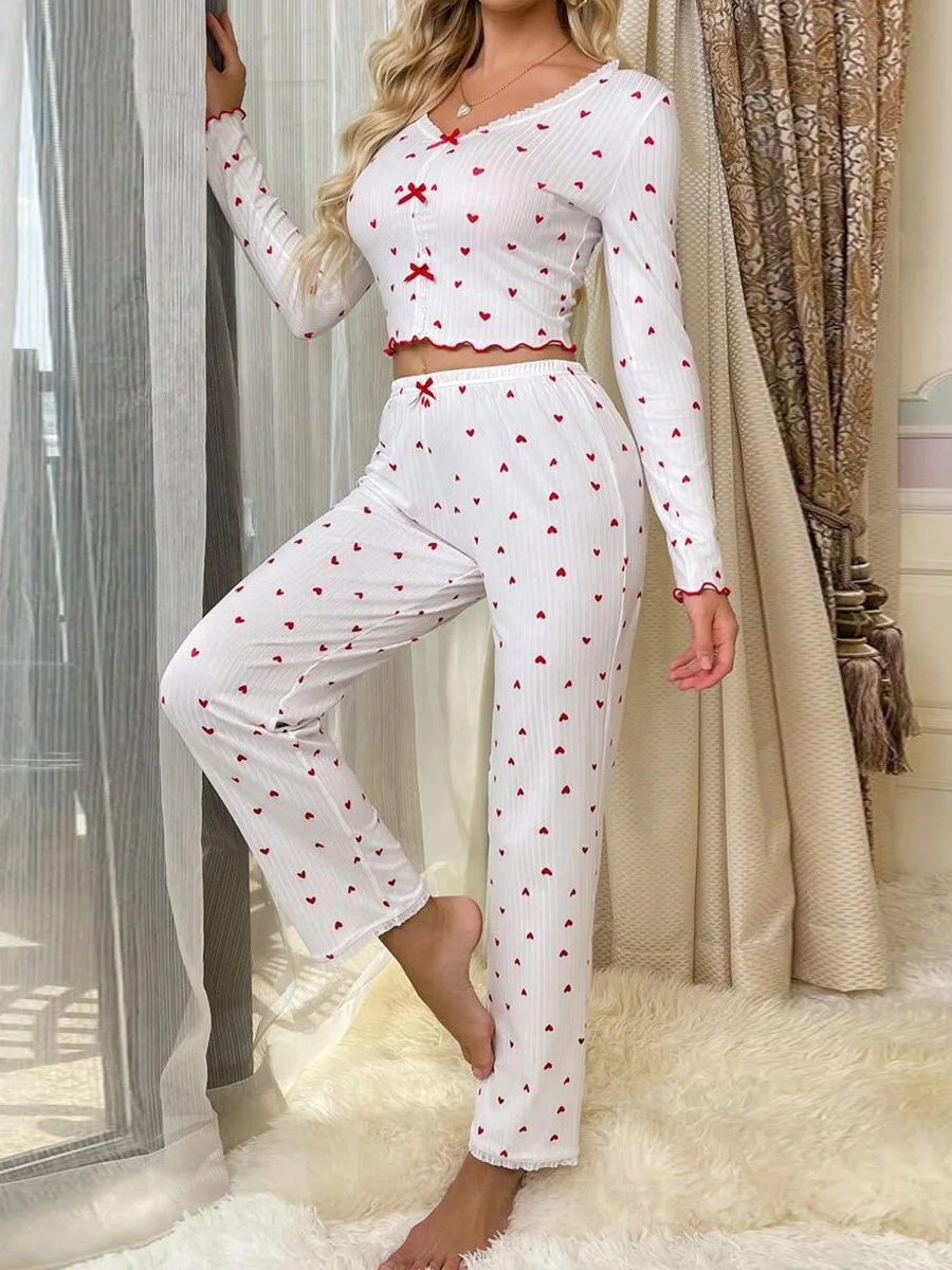 

Комплект Long Sve Irt And Pants Love Heart, женская летняя домашняя одежда, повседневный длинный купальник с узором в виде сердца