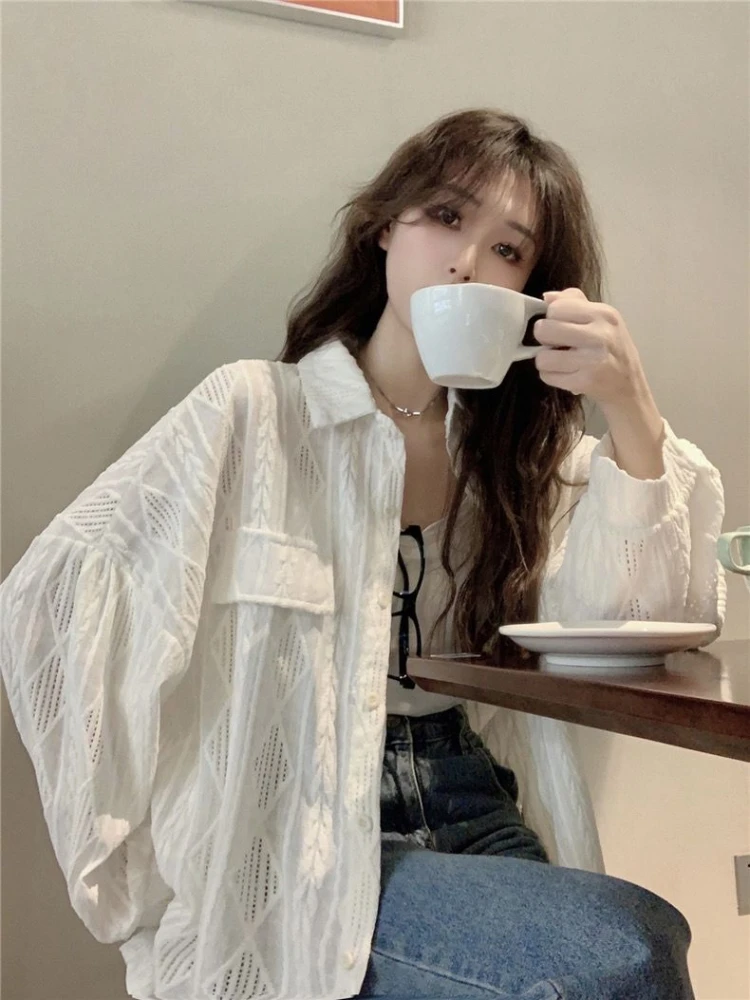 Turn-down Collar Shirt Women Loose Korean-style Leisure Hollow Out Design Long-sleeve Pocket Solid Simple Office Ladies Design