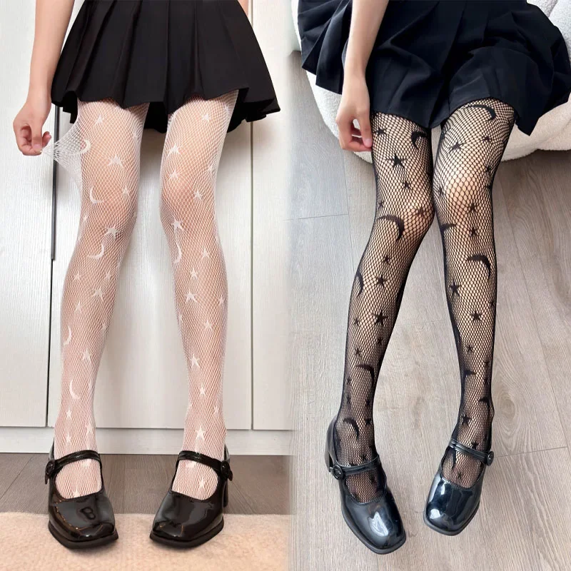 Punk Five-Pointed Star Moon Mesh Fish Net Female Pantyhose Lolita Style Girls Pentacle Print Women Sexy Gothic Hollow Out Tights