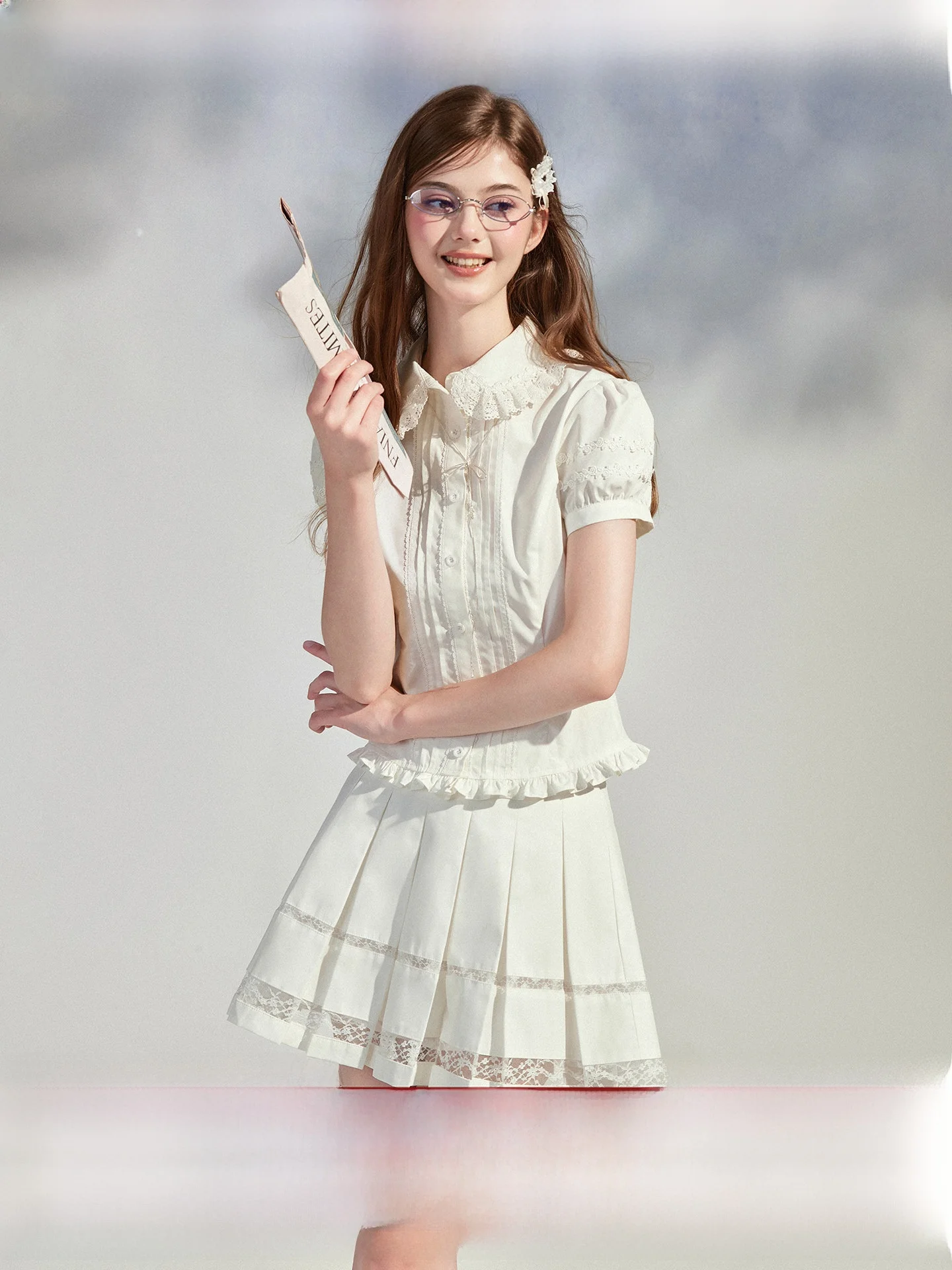 

Tipsymattina Summer 2026 White Lace Short Sleeve Shirt Women's Sweet Style Loose Fit Waist-Cinching Cool Sensation Shirt
