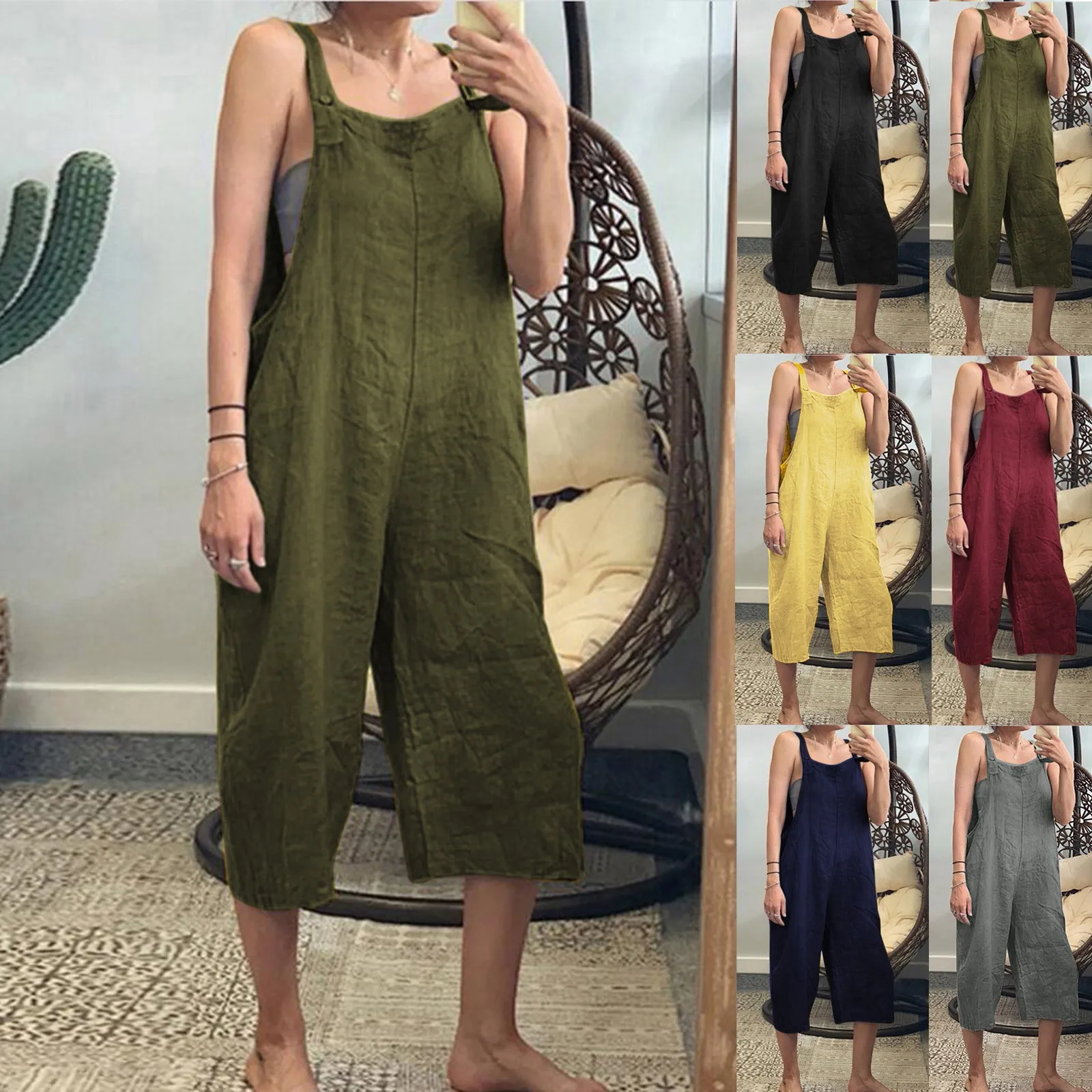 Solid Color Women Loose Cotton Linen Jumpsuit Sleeveless Harem Overalls Jumpsuits Loose Vintage Pants Femme Clothes