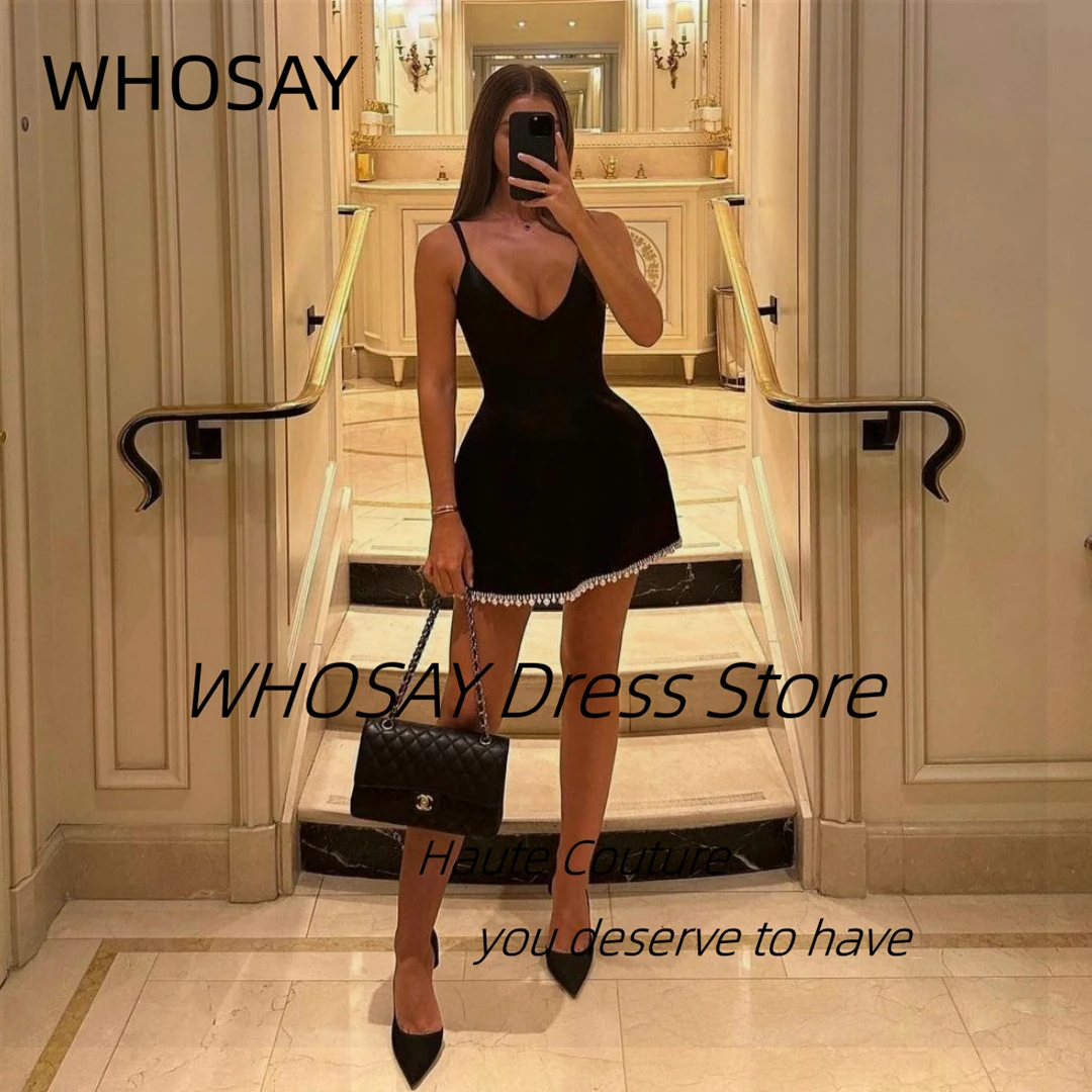 

WHOSAY Little Black Prom Dresses Spaghetti V Neck Sexy Back Night Club Party Cocktail Dress Beaded Edge Mini Homecoming Gowns