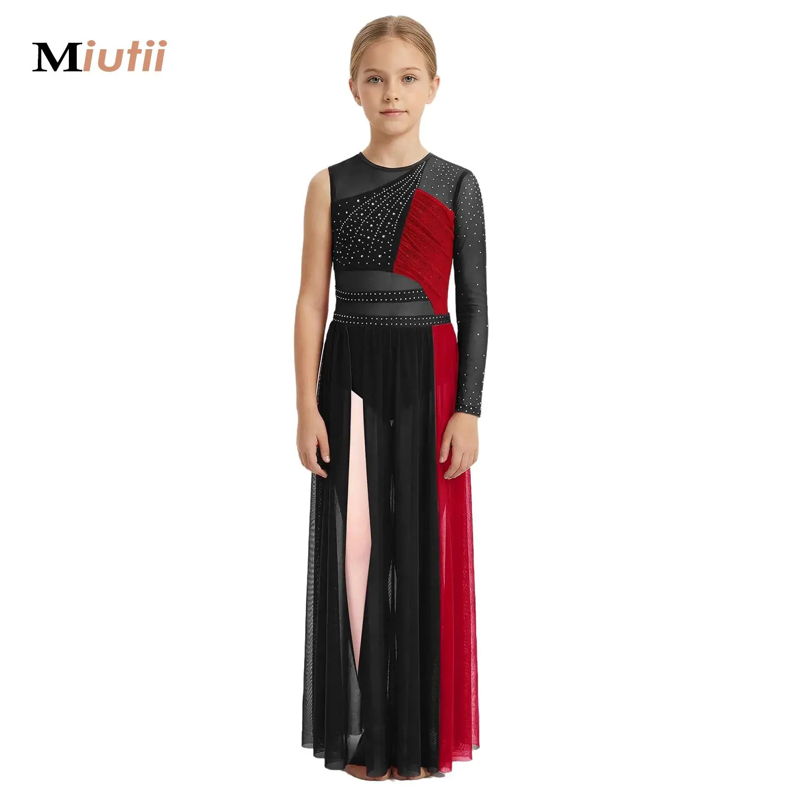 

Girls Kids Lyrical Contemporary Dance Dress Color Block Patchwork Side Split Mesh Shiny Rhinestones Dress Gymnastics Ice Skating
