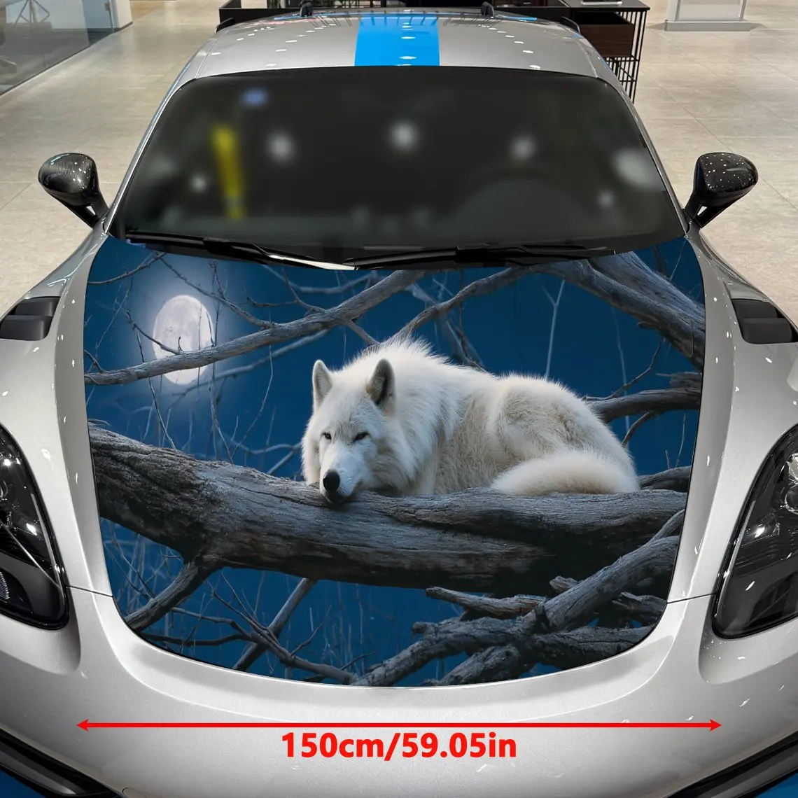 White Wolf Night Branch Artistic Voyage PVC Car Hood Wraps, Self-Adhesive Waterproof Car Bonnet Decal Sticker, Car Decoration Pr