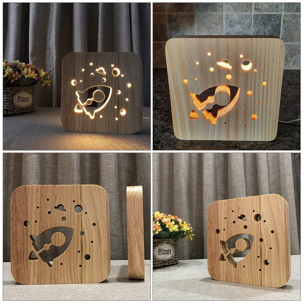 

1Pcs Wooden Rocket Night Light Carved Creative 3D LED Bedside Lamp USB Powered Bedroom Dorm Room Home Decoration