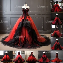 New Red Tulle Black Applique Strapless Evening Dress Prom Floor Length Formal Princess Brithday Party Clothing Lace Up Back A2-8