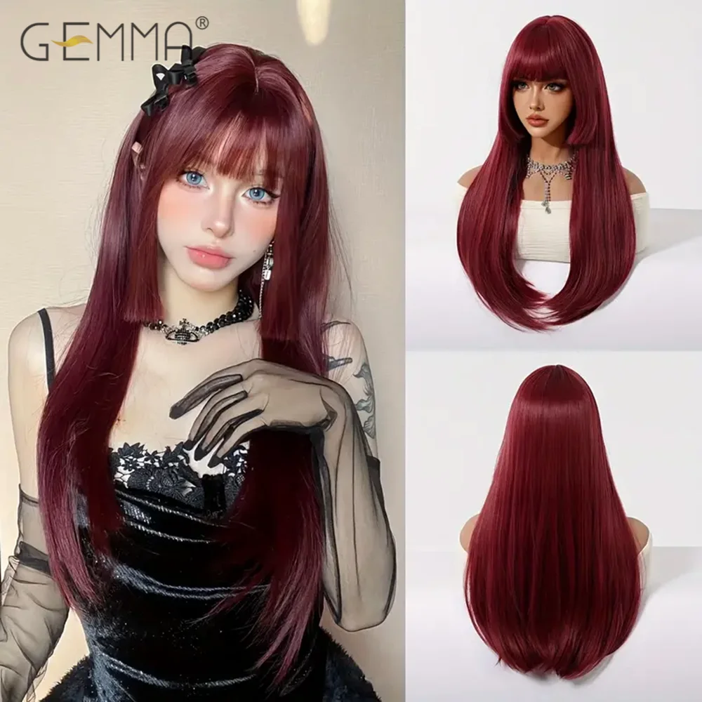 GEMMA Synthetic Wine Red Long Straight Hair Wig with Bangs Princess Cut Burgundy Cosplay Lolita Wigs for Women Heat Resistant