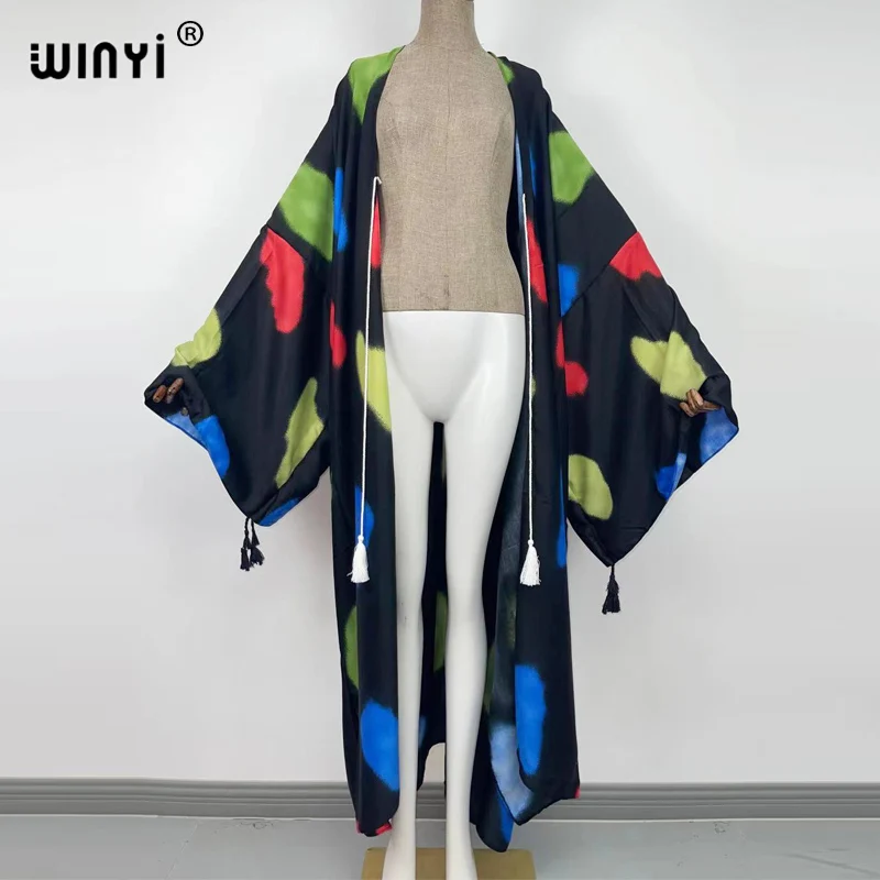 

2021 WINYI new Cotton Bikini Sweet Lady Pink Boho Print Self Belted Front Open Long Kimono Dress Beach Tunic Women Wrap Dresses