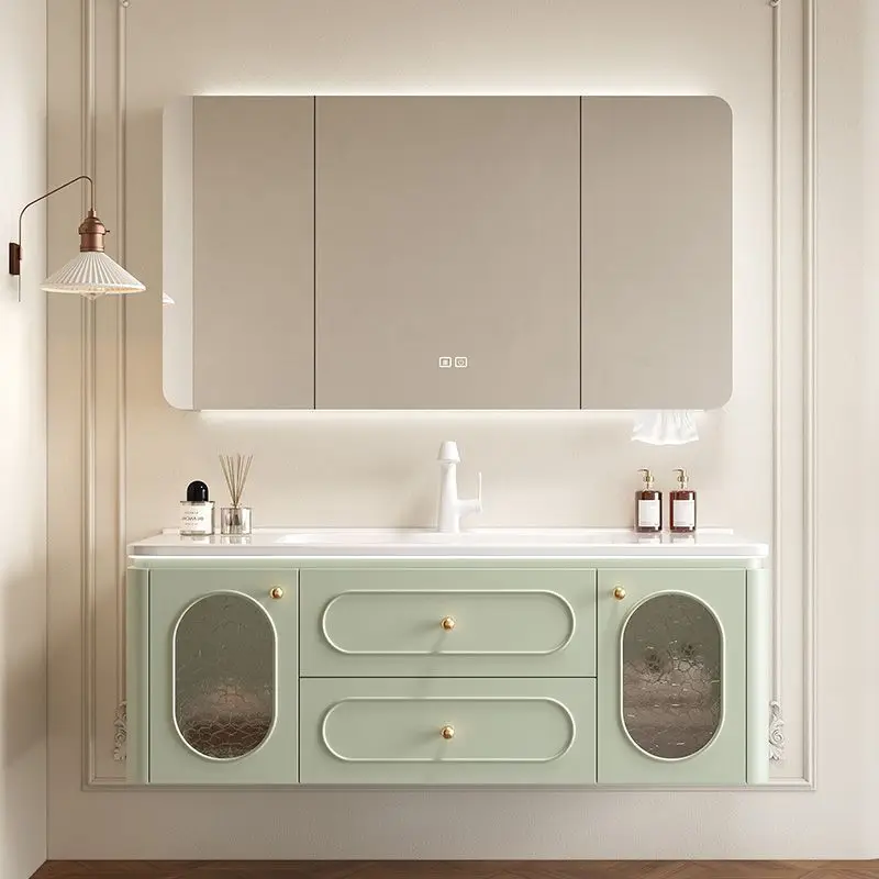 Oak smart French bathroom cabinet simple combination toilet cream ceramic integrated washbasin