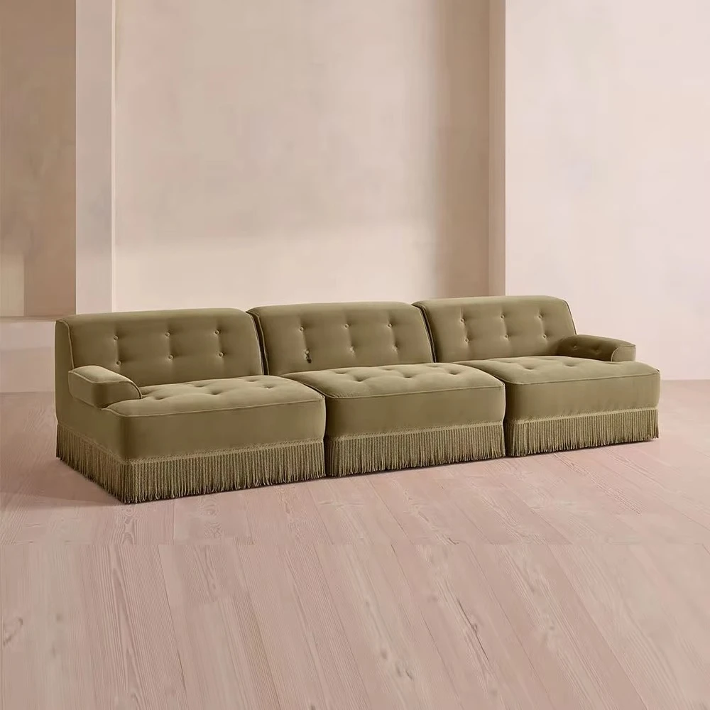 KR-French Contemporary Modular Sofa with Velvet Upholstery Tonal Fringing Piping Button Detailing Sponge-Filled~