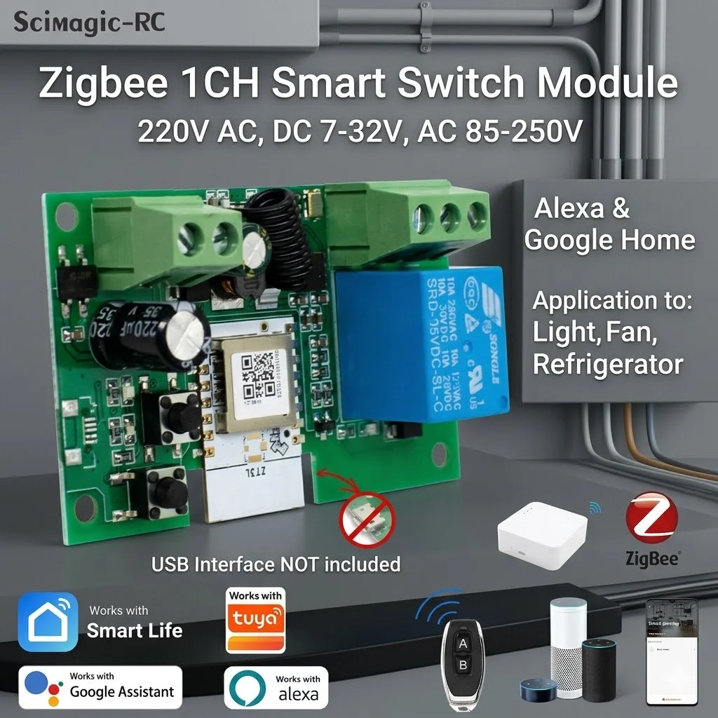 

1CH Zigbee Smart Wifi Switch Module 220V AC DC 7-32V 85-250V Alexa Googole Home Smart Application to Light,Fan,Refrigerator