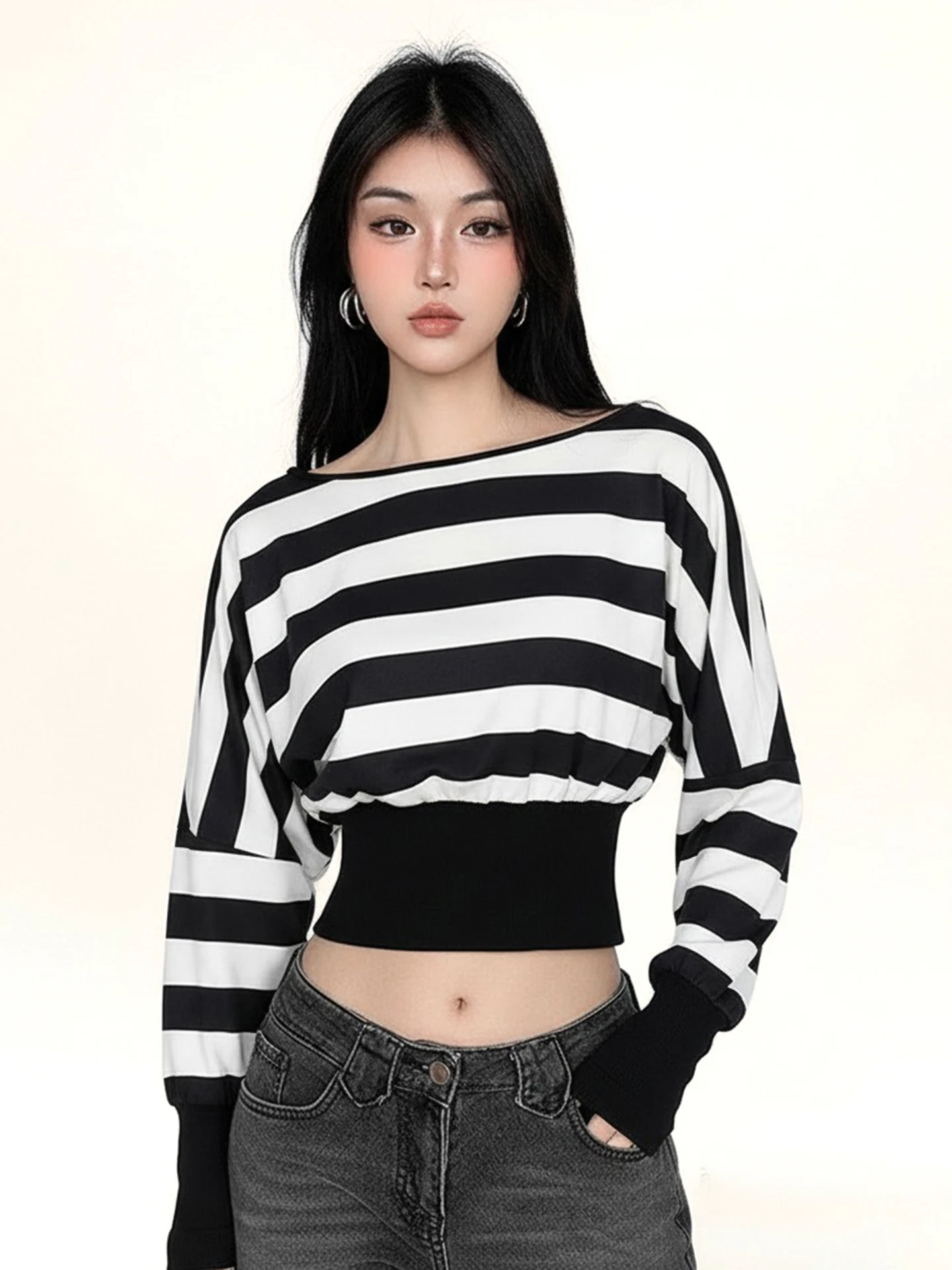 Funoff American Retro Black White Stripes Oblique Shoulder Waist Cinching Long Sleeve T Shirt Batwing Sleeve One Shoulder Top