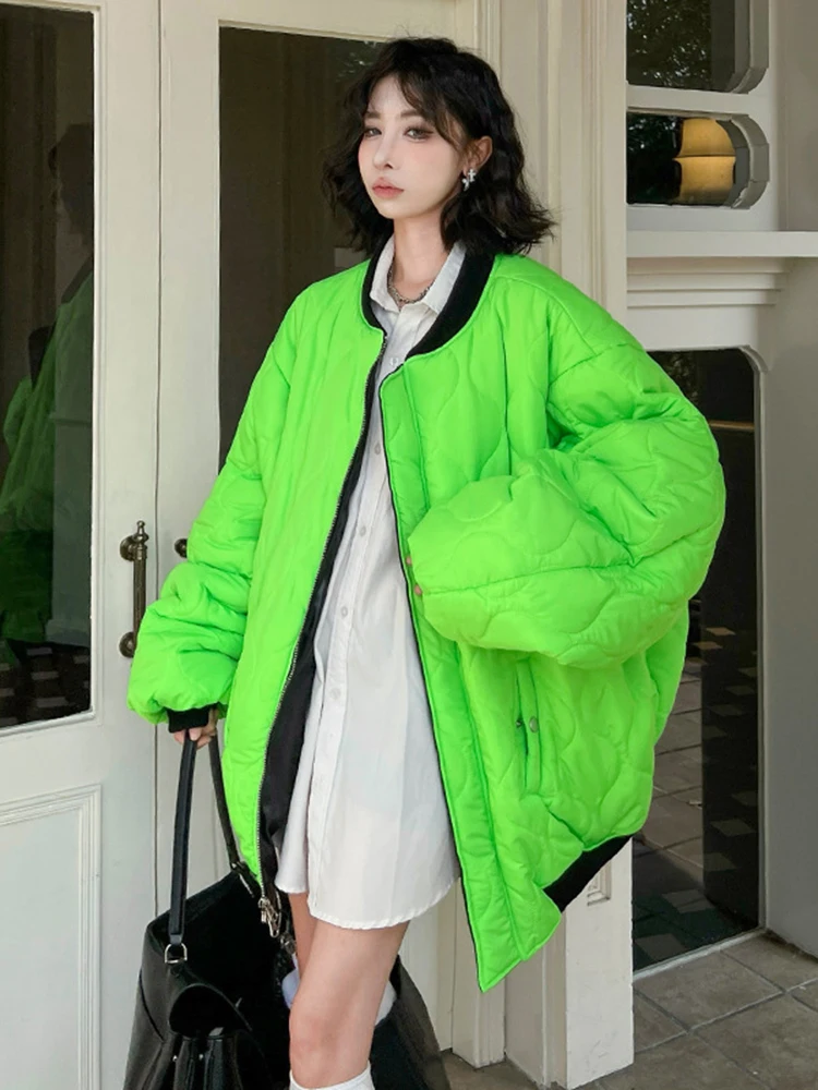 [EAM] Both Side Wear Leather Big Size Warm Cotton-padded Coat Long Sleeve Women Parkas Fashion New Autumn Winter 2024 1DH8064