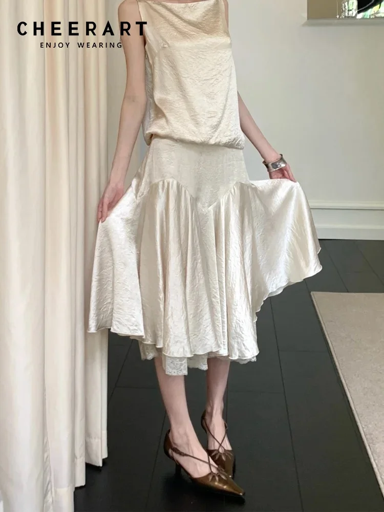 CHEERART Glitter Satin Skirts For Woman Summer 2026 Lace Patchwork Knee Length Ruched Tutu Skirt Fashion Cute Bottoms