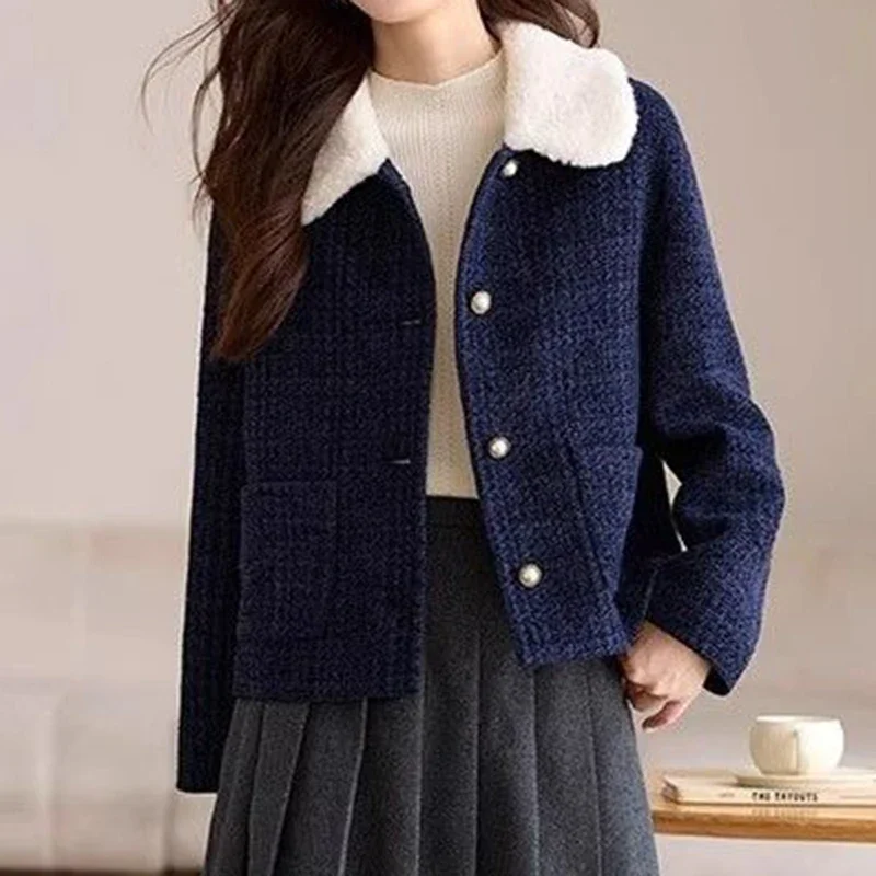 

woolen jacket women's short winter plush lapel thickened clip cotton coarse floral jacket top women clothing