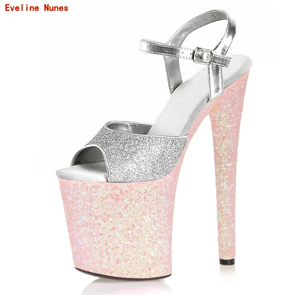 Roze Sexy Lovertjes Glitter Sandalen Zomer Plateau Effen Stiletto Peep Toe Enkelgesp Nieuwe Aankomst Mode Feestschoenen Vrouwen