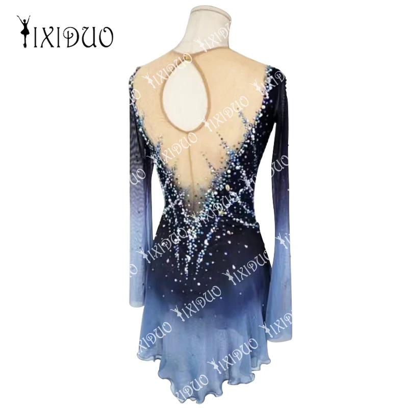 Shiny Professional Ice Figure Skating Dress for Women Girls Dance Costume Blue Gradient Long Sleeve Competition Skating Skirt