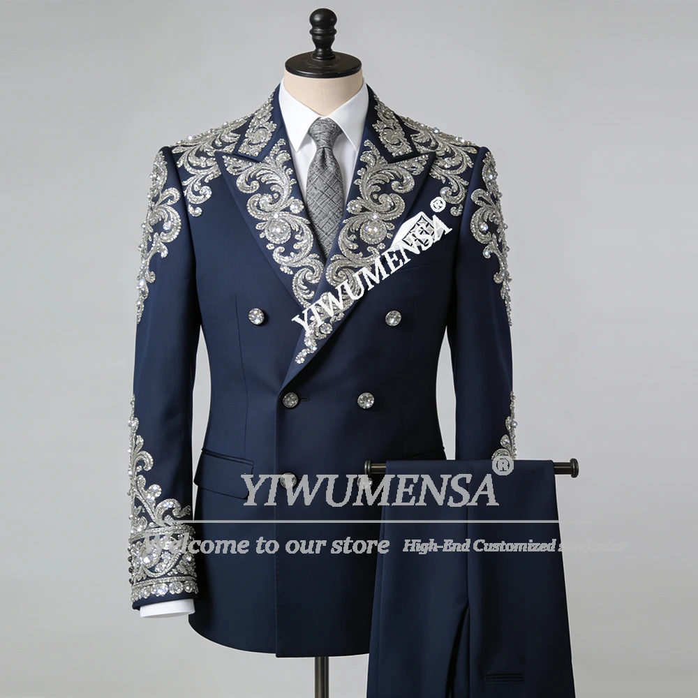 

Twinkling Beaded Rhinestones Suit Men For Wedding Double Breasted Jacket Pants 2 Piece Set Groom Tuxedos Slim Fit Ropa Hombre