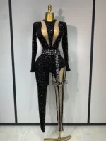 Sexy Sparkly Diamond Black Long Sleeves Bodycon Mesh Jumpsuit Evening Party Nightclub Bar
