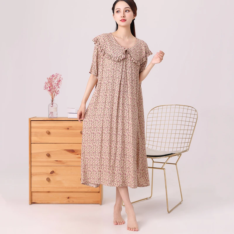 

Nightgown Women Cotton Short Sleeve Collar Flower Nightdress Home Dressing Gown Pajamas Sleepdress Sleepshirt Homewear Plus Size