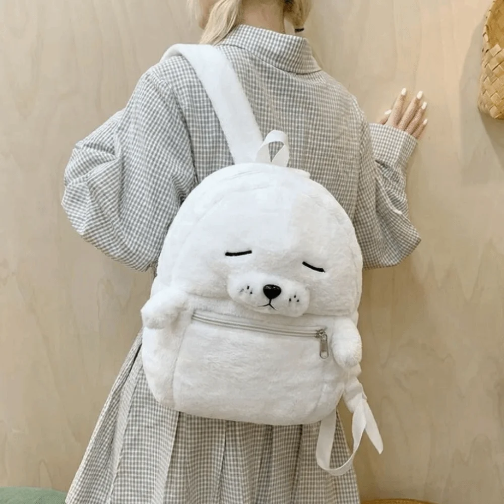 

Cartoon Cute Seal Backpack Versatile Solid Color Fluffy Seal Schoolbag Lightweight Simple Shoulder Bag Women Girl Accessories