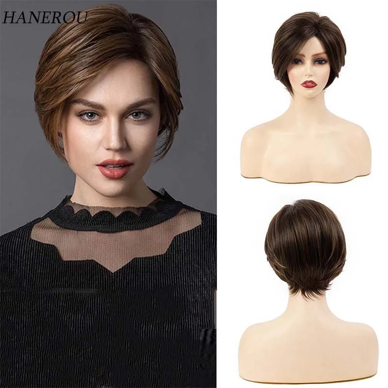 

Short Pixie Cut Brown Wig Synthetic Wigs with Side Bangs Dark Roots Ombre Wig for Women Daily Wear Fake Hair