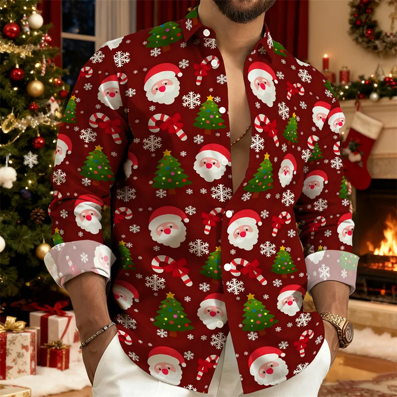 

2025 Christmas Limited Edition Men's Long-Sleeve Shirt, Santa Claus and Christmas Tree All-Over Print Casual Top, Holiday Shirt