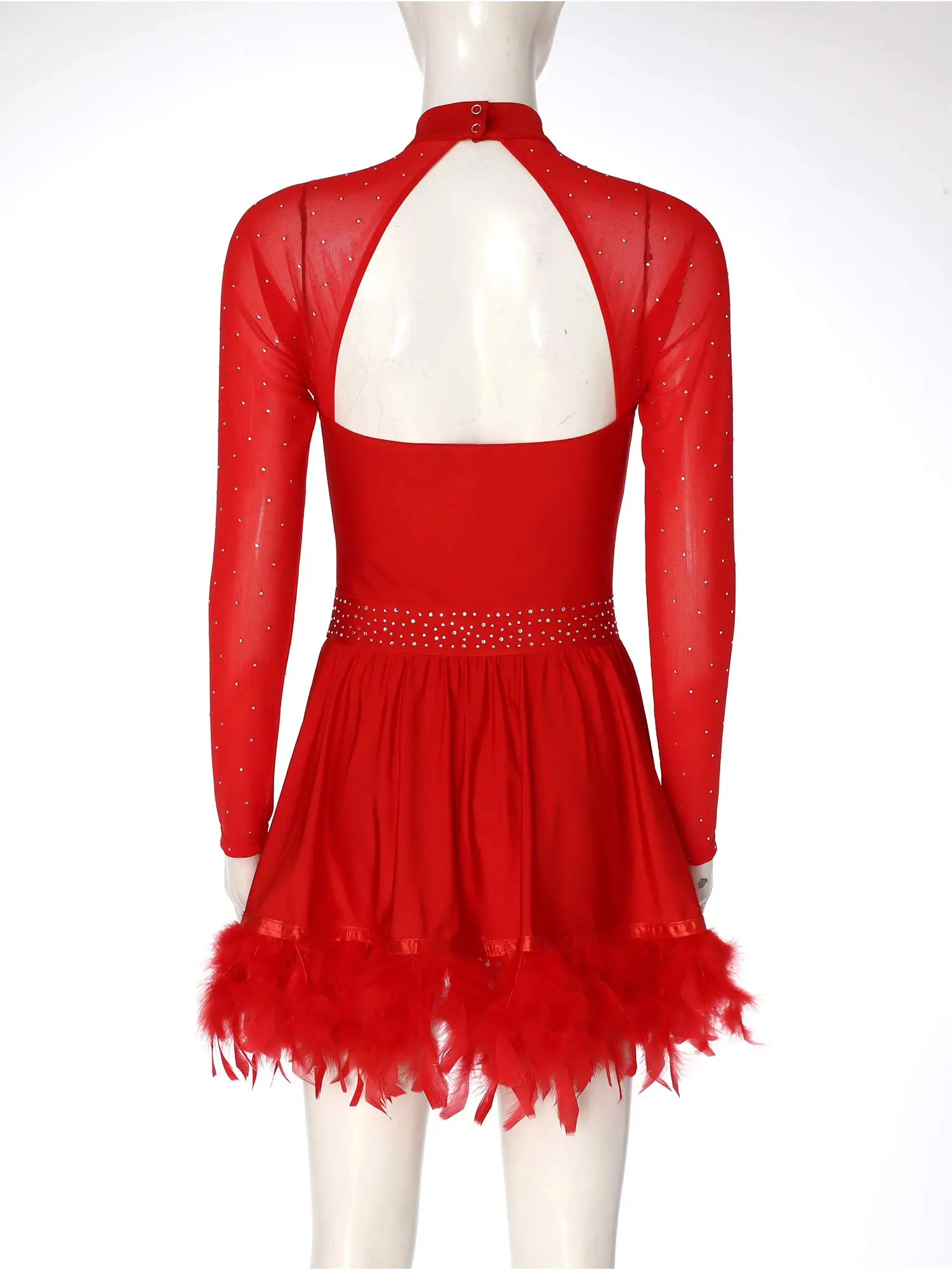 Robe de danse latine pour femmes, justaucorps de Jazz Tango, vêtements de danse Samba Rumba, strass, maille transparente, manches longues, coupe au dos, ourlet en plumes