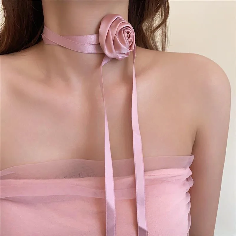 Vintage Satin Rose Necklace for Women Black Pink White Color Long Ribbon Chains Versatile Neck Strap Party Wedding Jewelry Gift