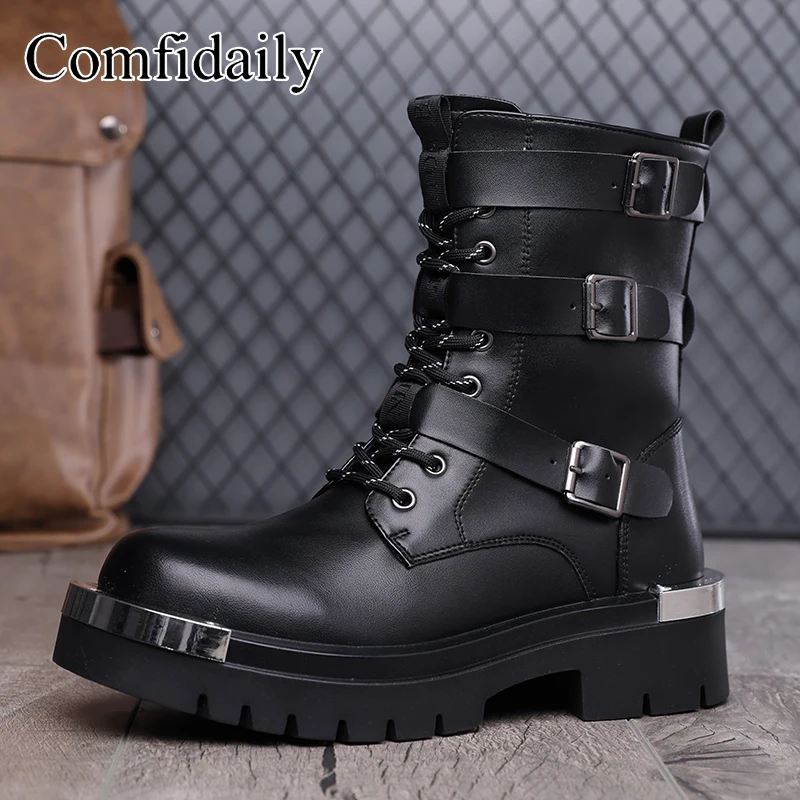 Large Size Thick Soled High Top Boots with Belt Buckle Metal Side Zipper Personalized High-quality Fashionable Motorcycle Boots view 4