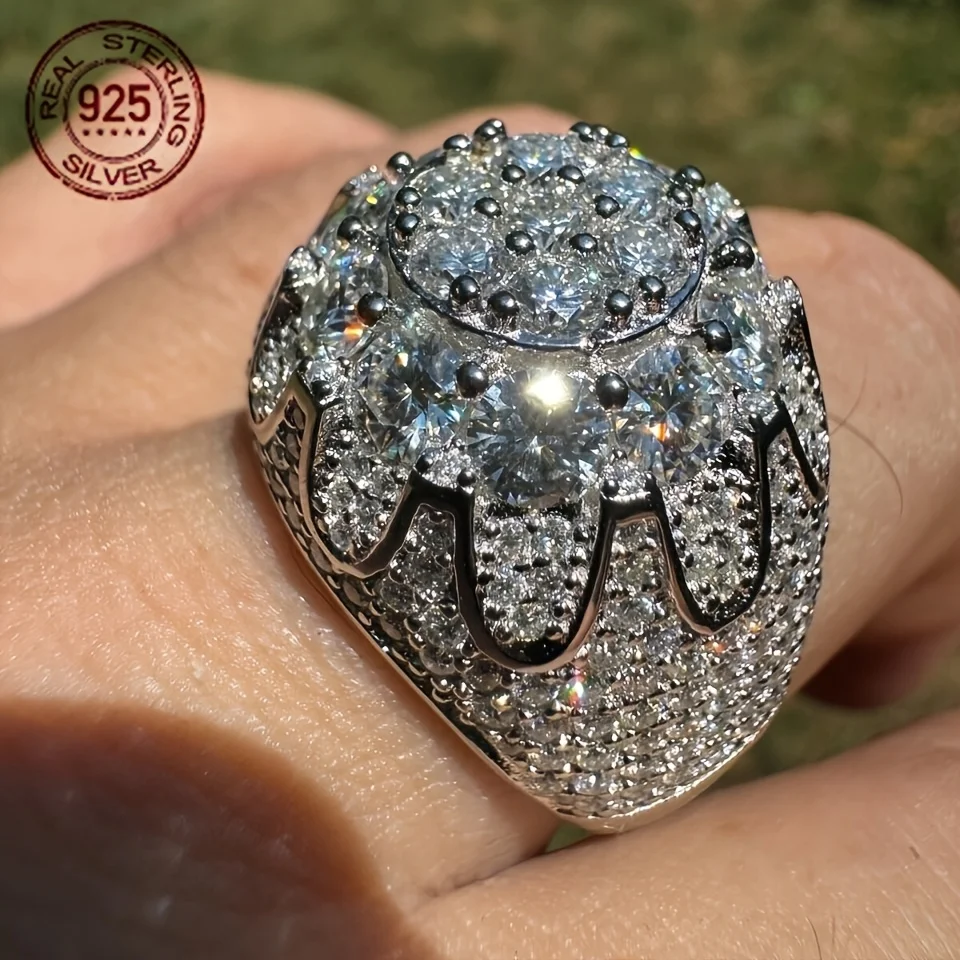 

925 Sterling Silver Mens Ring Vintage Crown Iced Out Hip Hop Rings Males Luxury Zircon Inlaid Punk Rock Jewelry