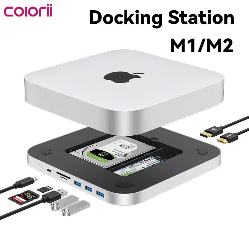 Colorii USB C Hub with Hard Drive Enclosure Type-C Docking Station for Mac mini with 2.5 SATA NVME M.2 SSD Case DP USB3.0 M1/M2