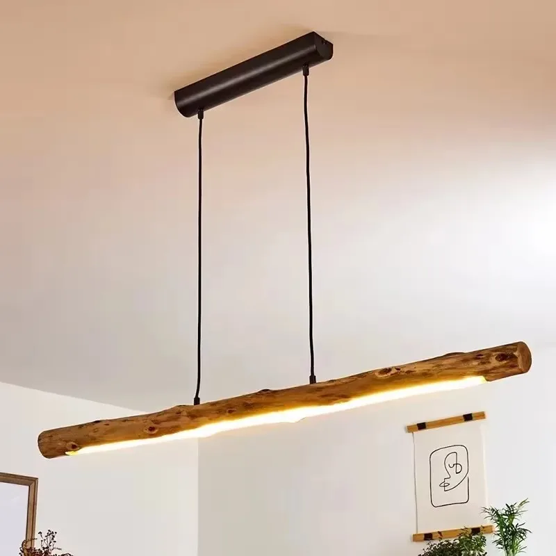 Japanese Retro Wooden Creative LED Pendant Light for Restaurant Bar Counter Dining Table Solid Wood Long Decorative Hanging Lamp