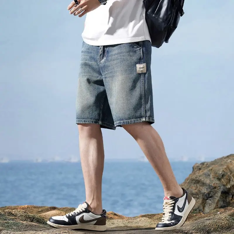 Летние винтажные джинсовые шорты, модные прямые повседневные свободные уличные джинсы-бермуды, мужские короткие брюки, уличная мужская одежда