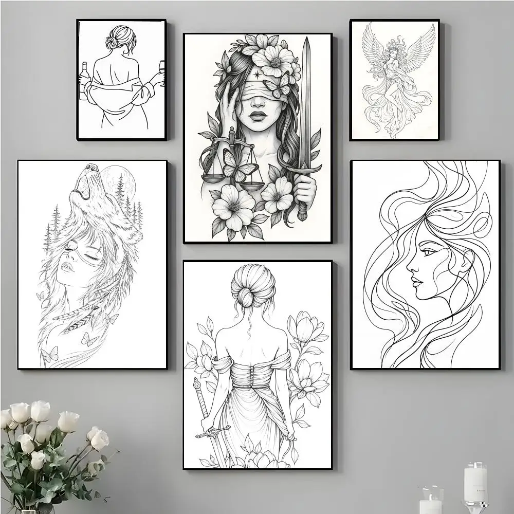 Black White Line Woman Sketch Poster High-definition stickers ideal gifts for living rooms hallways