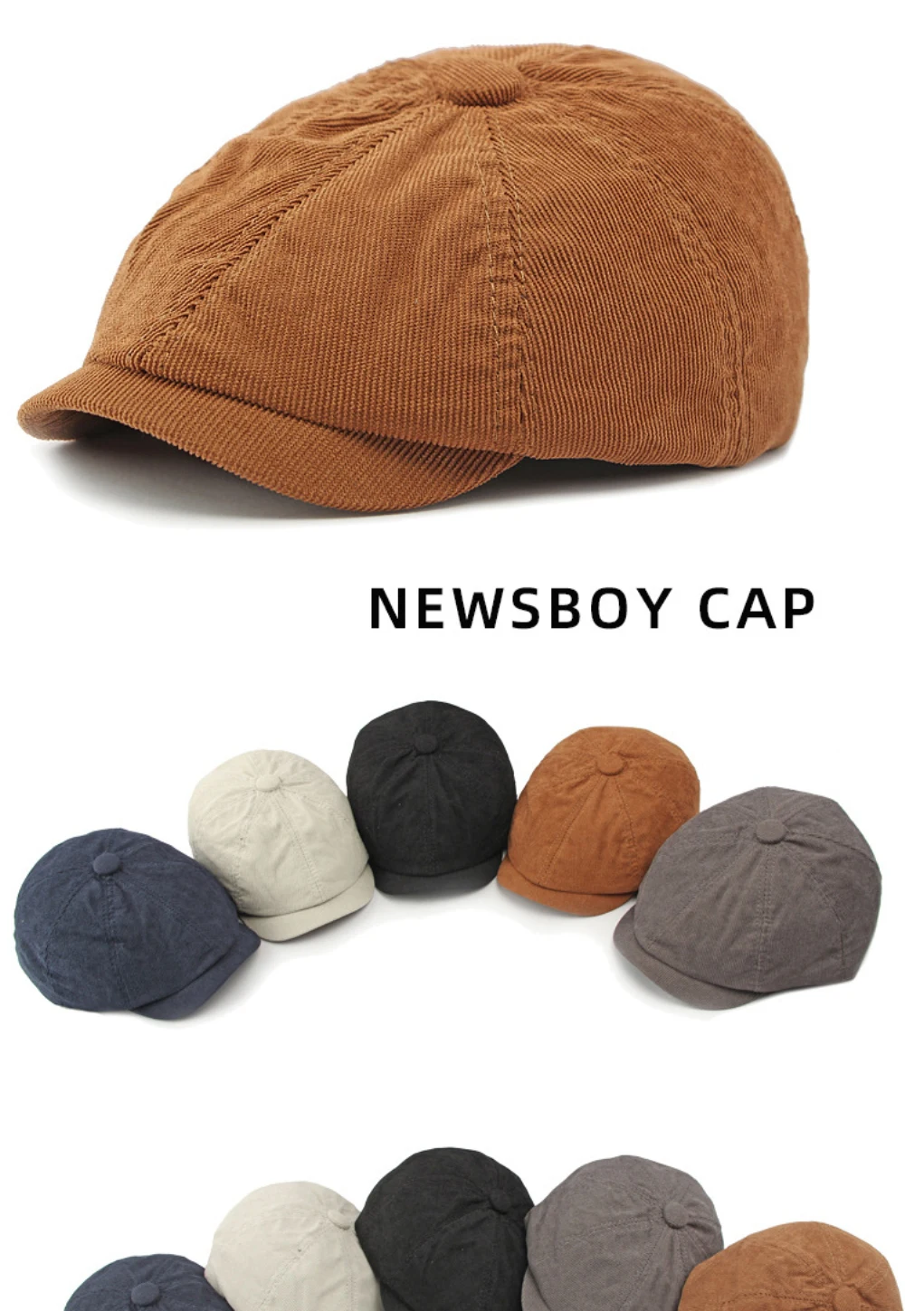 HT4403 Baskenmütze für Männer und Frauen, Künstler- und Maler-Baskenmütze, Einfarbige Cord-Flatcap für Frühling, Herbst und Winter, Achteckige Mütze, Herren-Baskenmützen – Detail 1