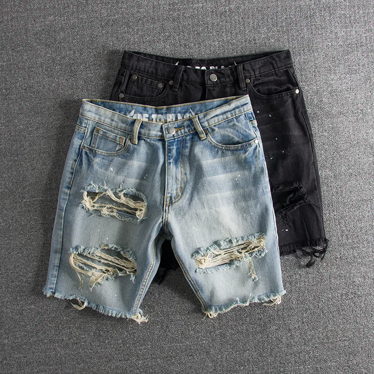 

Men Jean Shorts Denim Washed Straight Jeans Ripped Holes Knee Length Trousers Distressed High Waist Zipper Fly Loose Summer