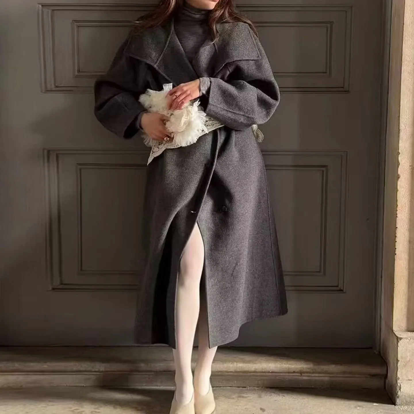 Faionable Long Woolen Coat Women's Personali Stand Collar Belted Waist Long Sve Casual Sle Winter New Arrival