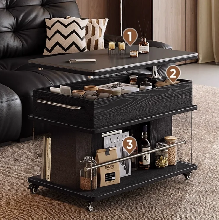 Adjustable Height Luxury Coffee Side Table, Mobile Storage Cart for Living Room Sofa