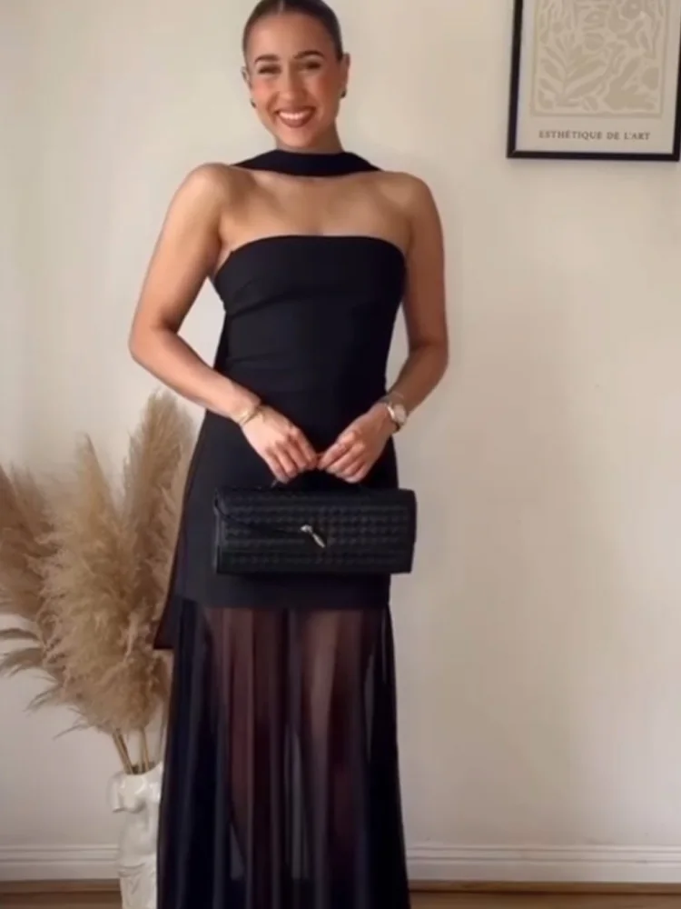 

HH Women Side Zipper Pleated Scarf Collar Perspective Long Dress Summer Female Fashion Backless Sleeveless Splice Dresses