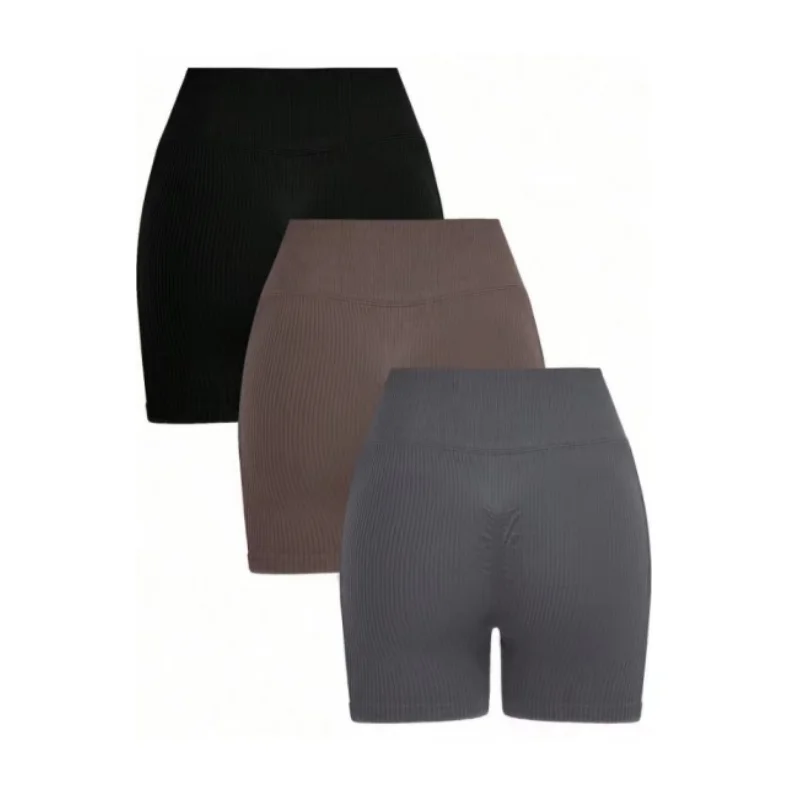 3-Piece Ribbed Knit Athletic Shorts with Wide Waistbands, Stretchy Spandex Active Essentials, Perfect Fit and Comfortable Active