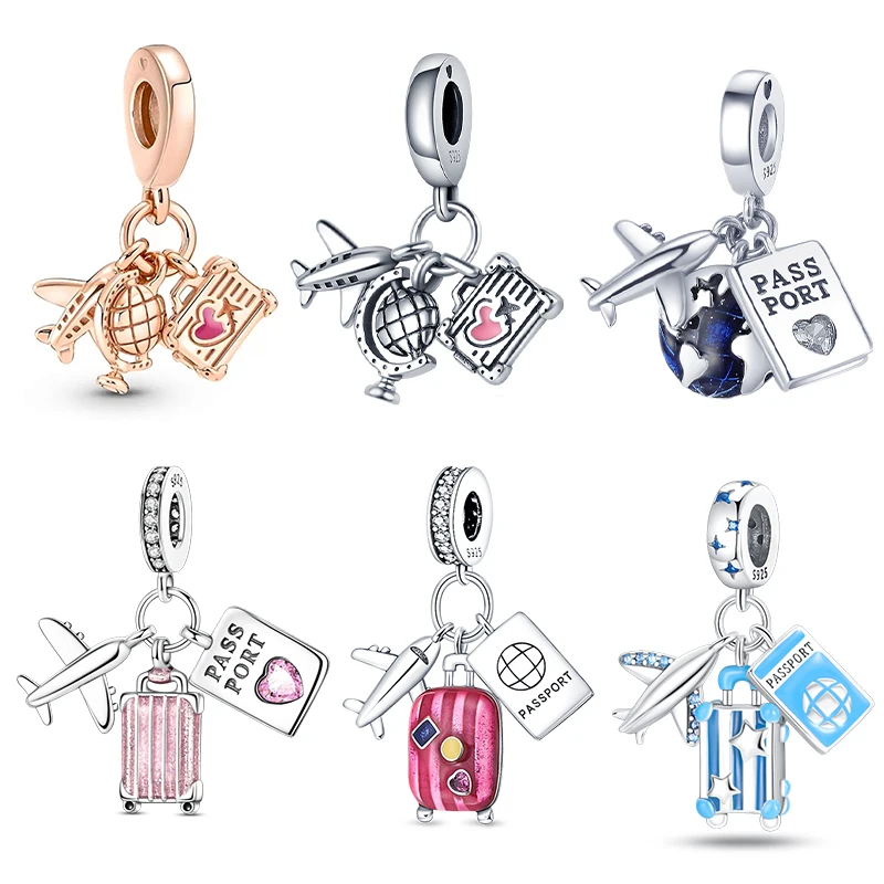 925 Silver Charms Travel Airplane Luggage Passport 3-In-1 Be