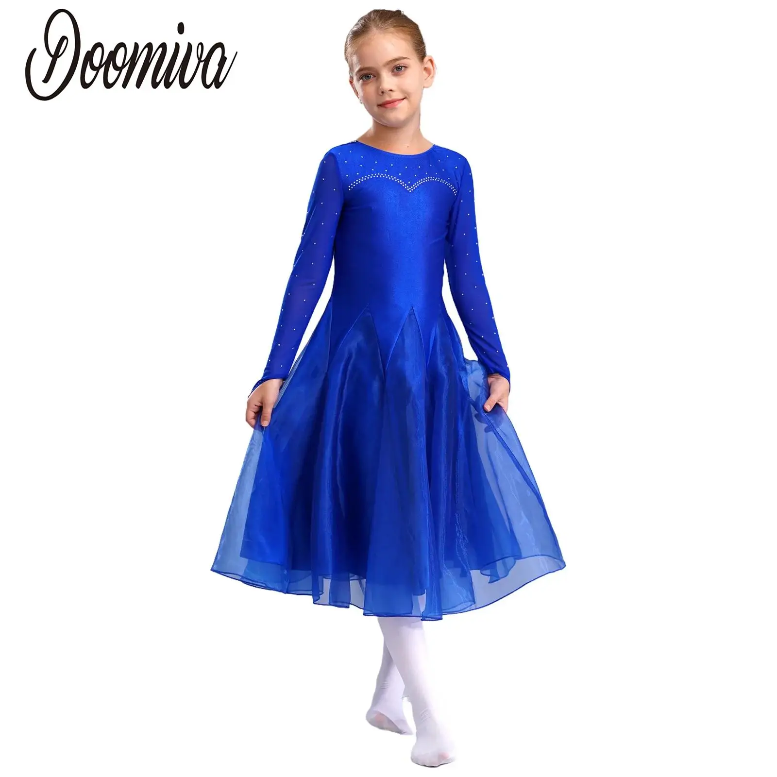 

Kids Girls Ballroom Lyrical Flamenco Dance Performance Costume Sheer Mesh Long Sleeve Wide Hemline Flared Dress Ballet Dresses