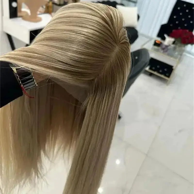 

Free Part Wig Ready To Ship Wig Ombre Ash Blonde Wig Soft Long Straight Lace Front Wig Synthetic HD Wigs Bleached knots 28 Inche
