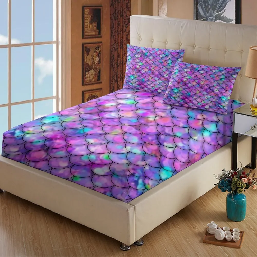 Colorful Mermaid Scale Pattern Mattress Cover Fitted Sheet Bed Sheets Bed Linen for Child Kids Teen Bedspread Bedroom Decor