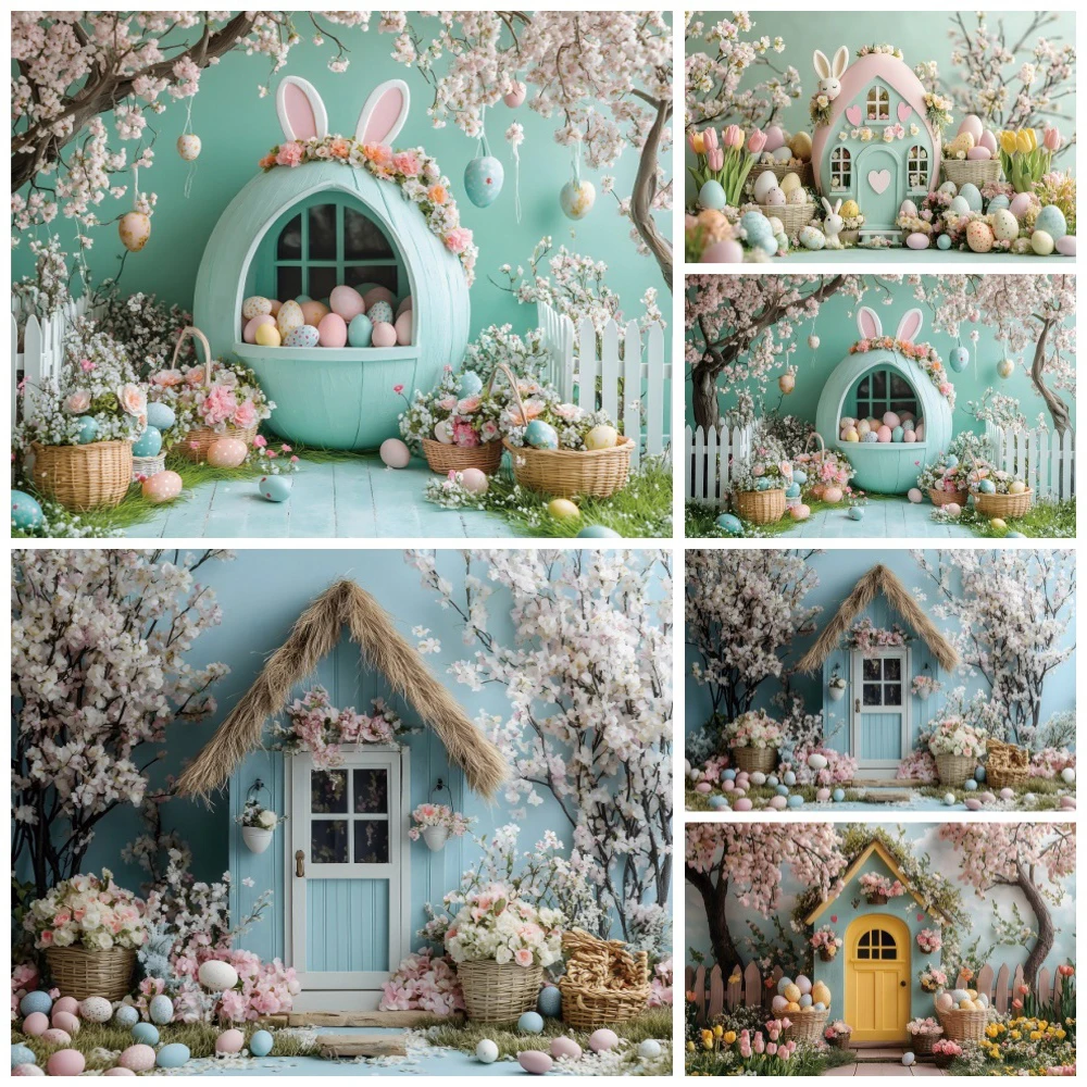 Spring Flowers Wooden House Photography Backdrop Happy Easter Kids Birthday Party Decoration Baby Shower Background Photo Props
